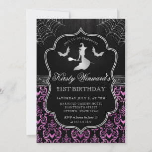 Halloween Witch and Bat Damask 21st Birthday Invitation