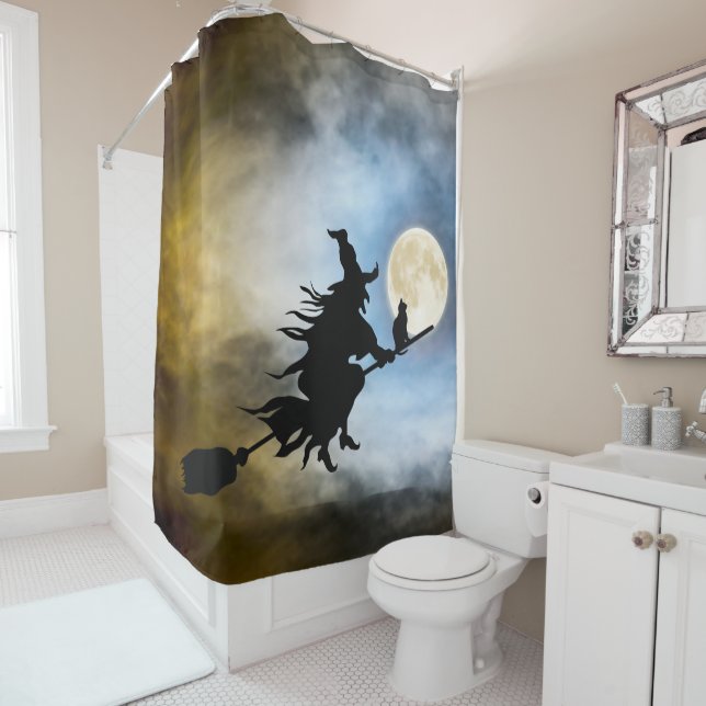 Halloween Witch and Black Cat Shower Curtain (In Situ)