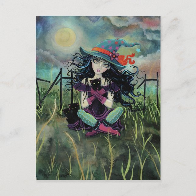 Halloween Witch and Black Cats Fantasy Art Postcard (Front)