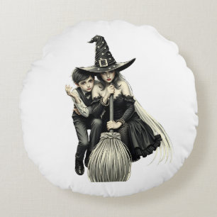 Halloween Witch and Boy: Dark Magic Duo Round Cushion