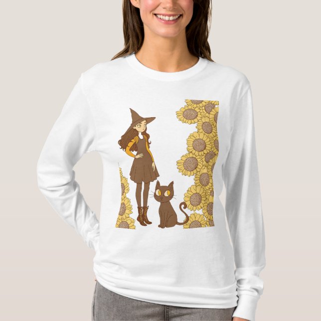 “Halloween Witch and Cat Basic Long Sleeve T-Shirt (Front)