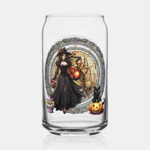 Halloween Witch And Cat Can Glass