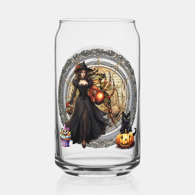 Halloween Witch And Cat Can Glass (Front)