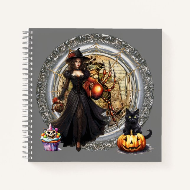 Halloween Witch And Cat Notebook (Front)