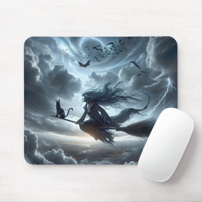 Halloween Witch and Cat On a Broom Mouse Pad (With Mouse)