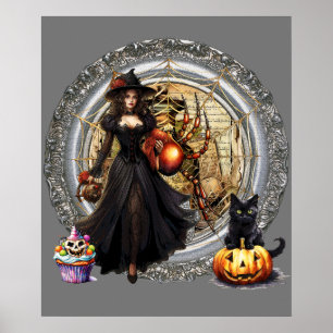 Halloween Witch And Cat Poster