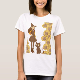 “Halloween Witch and Cat with Sunflowers” T-Shirt