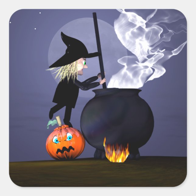 Halloween Witch and Cauldron Square Sticker (Front)
