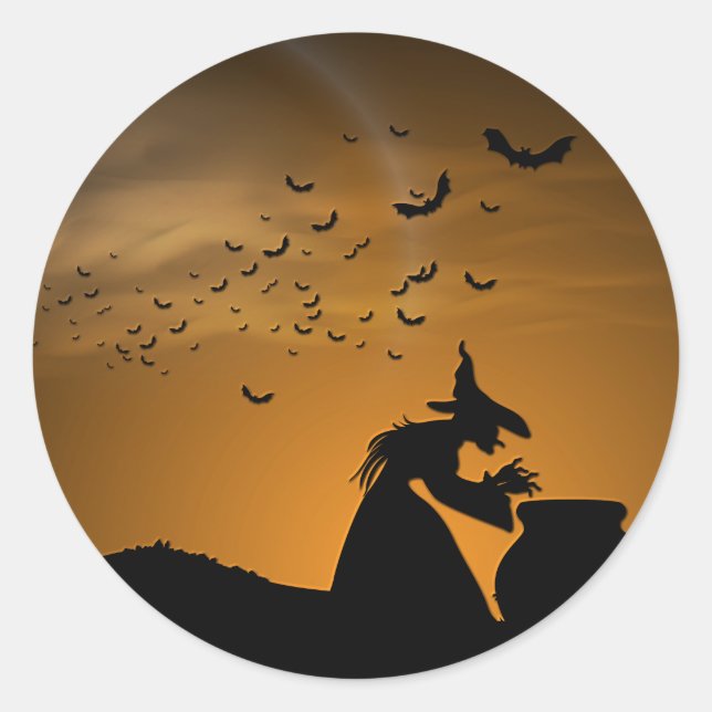 Halloween Witch and Cauldron with Bats Classic Round Sticker (Front)