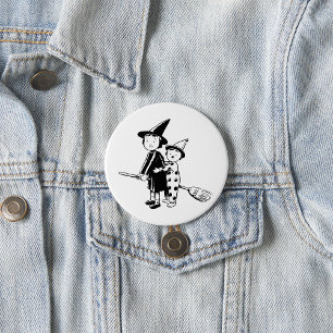 Halloween Witch and Clown Riding Broomstick 7.5 Cm Round Badge