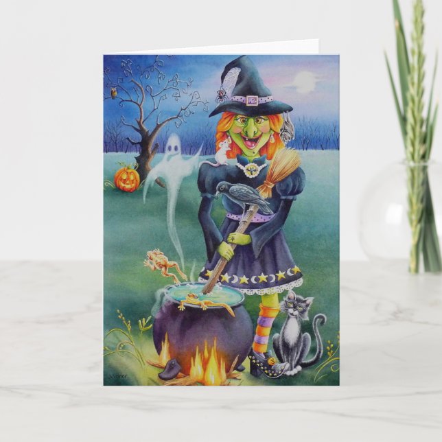 Halloween Witch and Critter Friends Watercolor Art Card (Front)