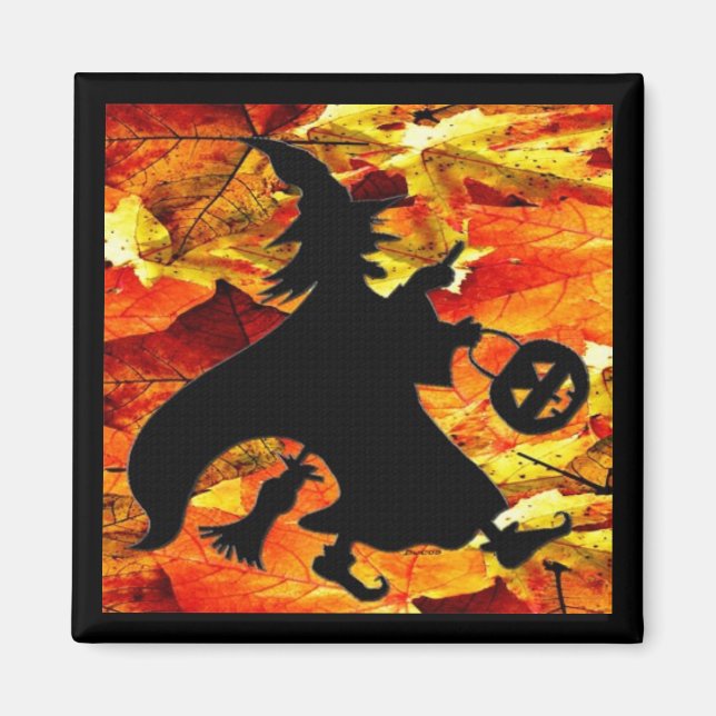 Halloween Witch and Fall Leaves Magnet (Front)