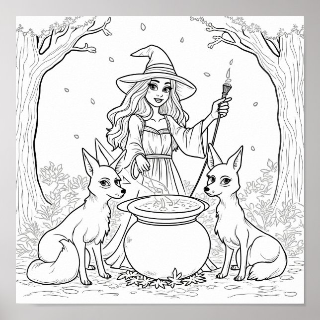 Halloween witch and foxes colouring page poster (Front)