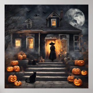 Halloween Witch and Haunted House Poster