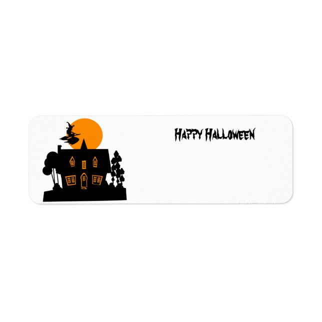 Halloween witch and haunted house return address label (Front)
