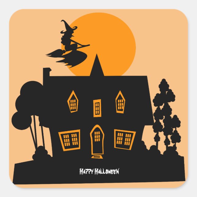 Halloween witch and haunted house square sticker (Front)