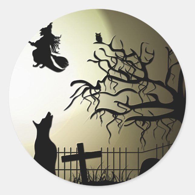 Halloween Witch and Howling Dog Classic Round Sticker (Front)
