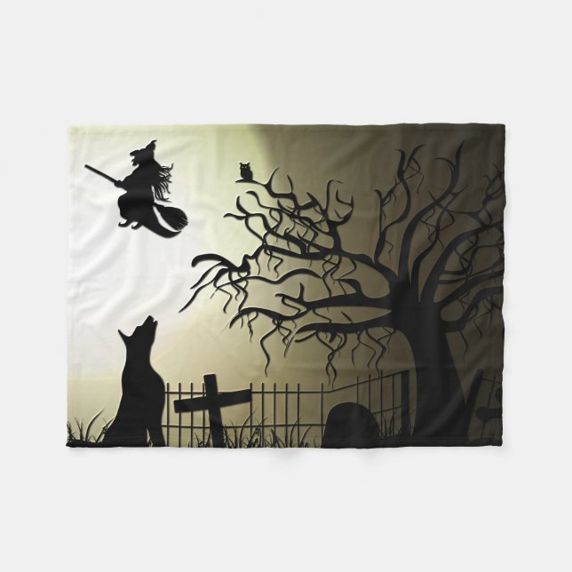 Halloween Witch and Howling Dog Fleece Blanket (Front (Horizontal))