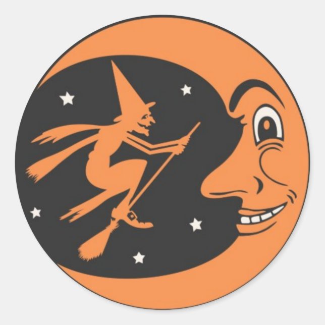Halloween Witch and Moon Round Stickers (Front)