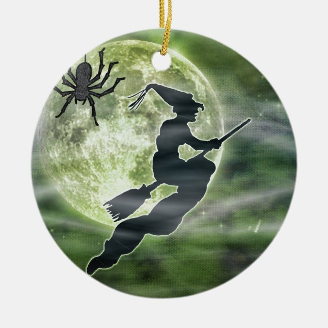 Halloween Witch and Spider Ceramic Tree Decoration (Front)