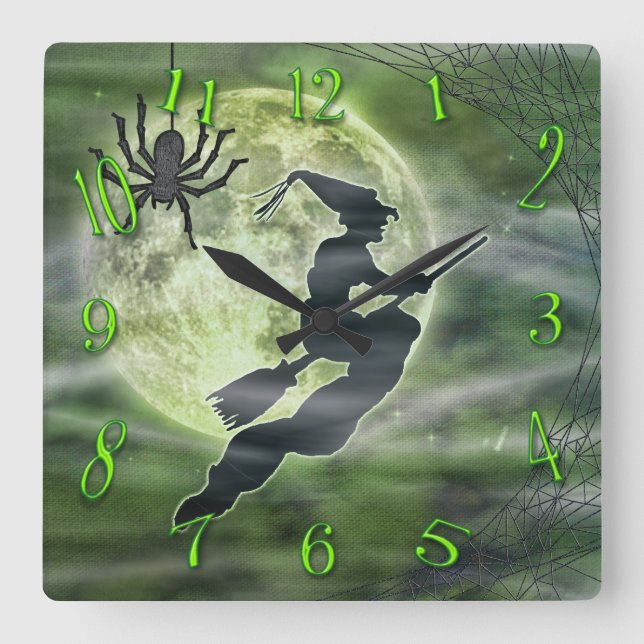 Halloween Witch and Spider Square Green Square Wall Clock (Front)