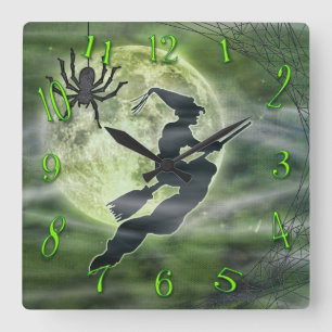 Halloween Witch and Spider Square Green Wall Clock