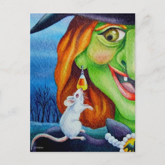 Halloween Witch and White Mouse Watercolor Art Postcard (Front)