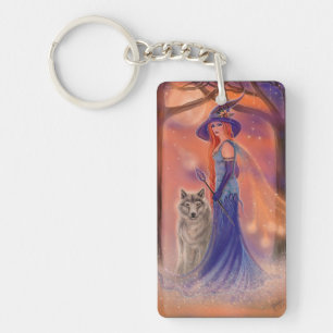 Halloween witch and wolf by Renee Lavoie Key Ring