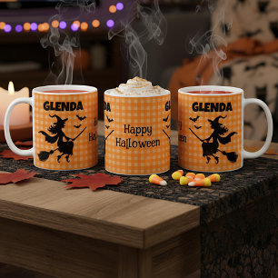 Halloween Witch & Bats Orange Plaid Custom Name Coffee Mug