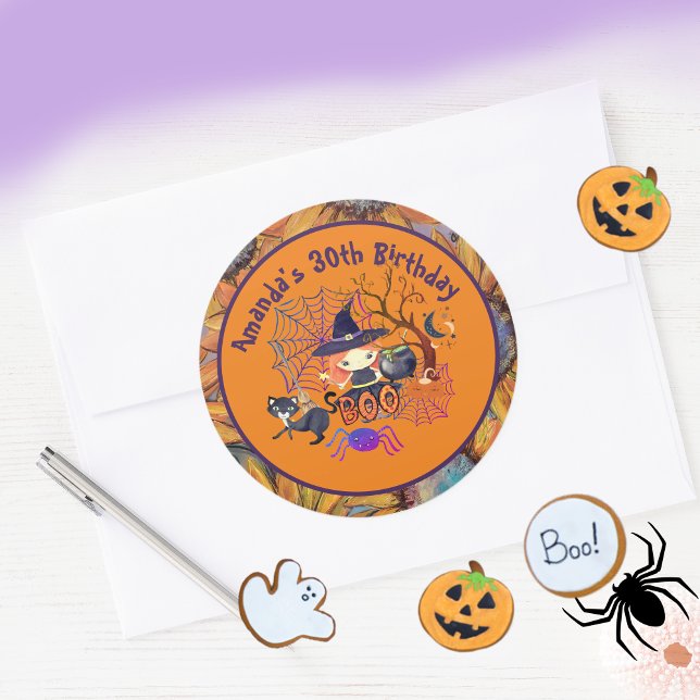 Halloween Witch Birthday Party Orange Classic Round Sticker (Halloween Witch Birthday Party Orange Classic Round Sticker)