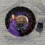 Halloween Witch Birthday Purple Dartboard<br><div class="desc">Want to play DARTS at Halloween time? Is your birthday in October? This is a great design with a Halloween witch in a purple dress making a brew,  with a tree,  moon owl,  and crawling purple spider in the background.</div>