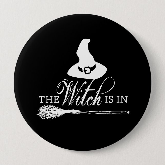 Halloween Witch Black and White Button Pin Badge (Front)