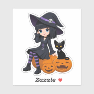 Halloween Witch, Black Cat, and Curved Pumpkins