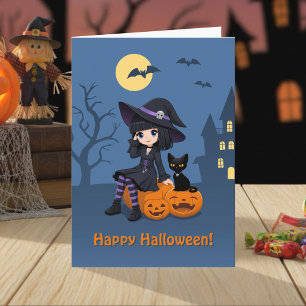 Halloween Witch, Black Cat, and Curved Pumpkins Card