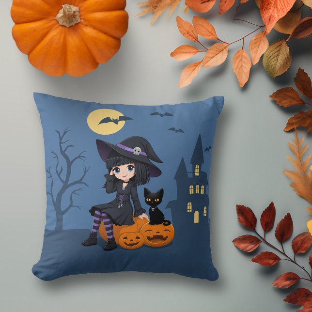 Halloween Witch, Black Cat, and Curved Pumpkins Cushion (Creator Uploaded)