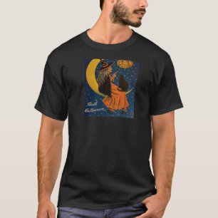 Halloween Witch, Black Cat And Jack-O-Lantern, Vin T-Shirt