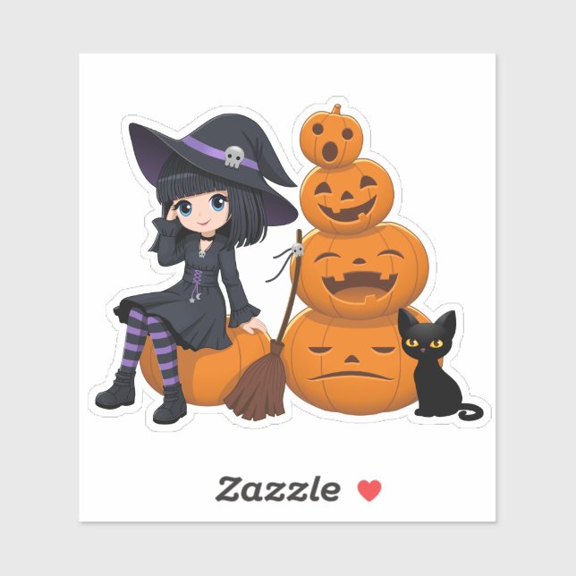Halloween Witch, Black Cat, and Pumpkins (Sheet)