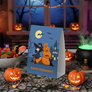Halloween Witch, Black Cat, and Pumpkins