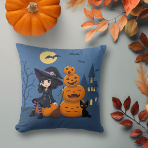 Halloween Witch, Black Cat, and Pumpkins Cushion