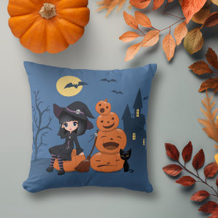 Halloween Witch, Black Cat, and Pumpkins Cushion