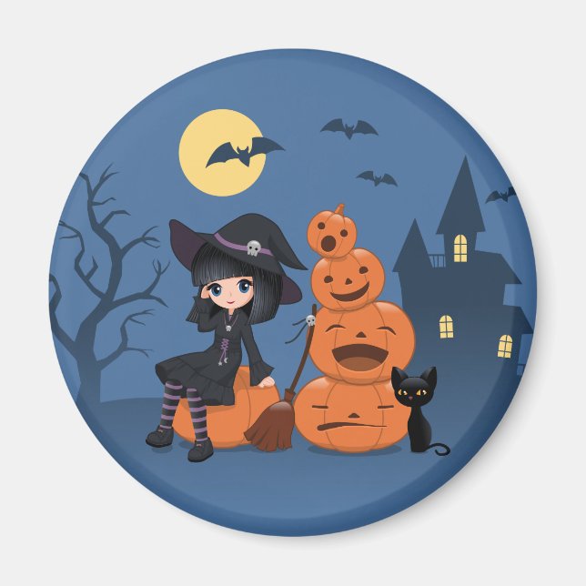 Halloween Witch, Black Cat, and Pumpkins Magnet (Front)