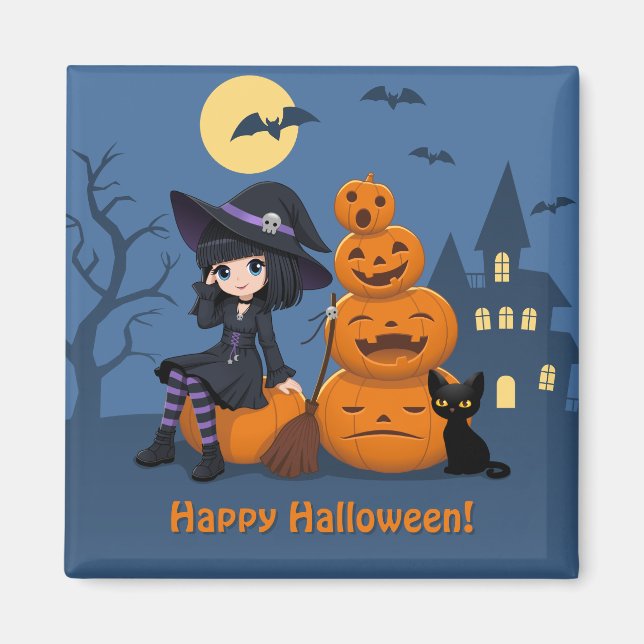 Halloween Witch, Black Cat, and Pumpkins Magnet (Front)