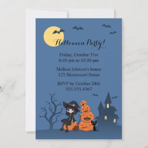 Halloween Witch, Black Cat, and Pumpkins Party Invitation
