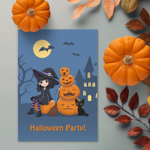 Halloween Witch, Black Cat, and Pumpkins Party Invitation
