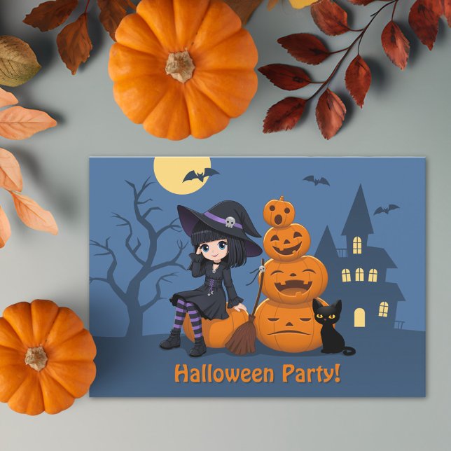 Halloween Witch, Black Cat, and Pumpkins Party Invitation (Creator Uploaded)