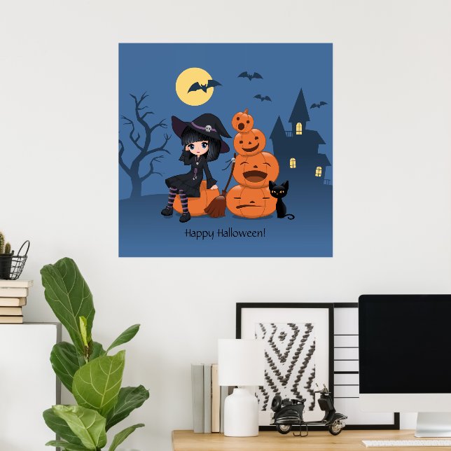 Halloween Witch, Black Cat, and Pumpkins Poster (Home Office)