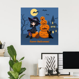 Halloween Witch, Black Cat, and Pumpkins Poster