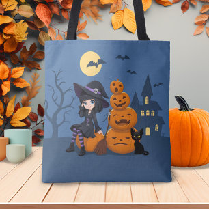 Halloween Witch, Black Cat, and Pumpkins Tote Bag