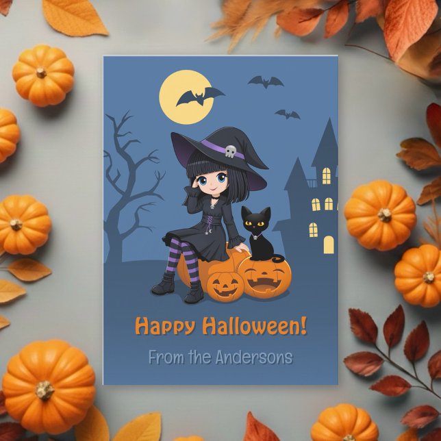 Halloween Witch, Black Cat, Curved Pumpkins Family Holiday Card (Creator Uploaded)