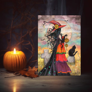 Halloween Witch Black Cat Graveyard Fantasy Art Card